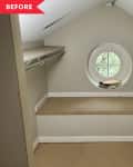 Before: walk-in closet with built-in bench and shelves, but low ceiling