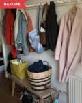 Before: entryway over-filled with coats, hats, bags, and more hanging from a single peg rail