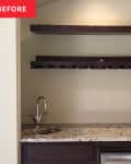 Before: Built-in bar with dark cabinets and speckled countertop