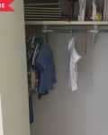Small closet with hanging clothes, shelves above, and a "Before" label.