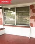 Before: red porch with pink and red camo-patterned house exterior and white door