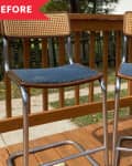Two vintage chairs with cane backs and blue polka dot seats on a wooden deck.