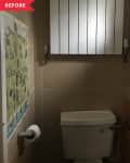 Before: dark bathroom with tan tiled walls