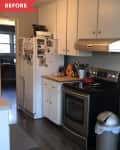 Small kitchen with white cabinets, stainless steel stove, fridge with magnets, and countertop appliances.