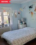 Before: Bed without headboard and world map above