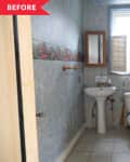 Before: Wallpapered bathroom with beige tile