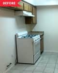 Before: Bare kitchen with dark wood cabinets