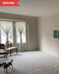 Before: Empty living room with beige walls and beige carpet