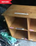 Before: scuffed-up thrifted wood shelf with four sections