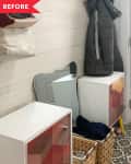 Before: entryway with baskets on the floor, low cabinets, and hanging hooks