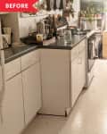 Before: White kitchen with white floors and black countertops