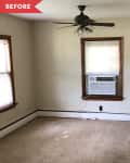 Before: Dining room with beige walls, dated ceiling fan, and tan carpeting