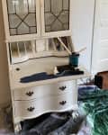 Before: vintage cabinet with glass doors on top and drawers on bottom, painted entirely white