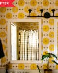 After: Vanity with two white-framed mirrors and matte black light fixture in bathroom with geometric yellow wallpaper
