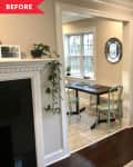 Before: view of cramped dining area from living room, with two chairs and a bench