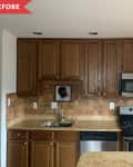 Before: kitchen with brown counters, cabinets, and backsplash