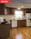 Before: Kitchen with brown cabinetry white appliances