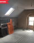 Before: attic with brick walls and dingy wood floors