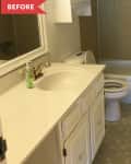 Before: Dingy bathroom with small square tile floor and beige tile shower