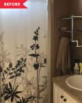 Before: brown bathroom with brown and white vanity and plain mirror