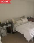 Before: Plain white bedroom with mismatched furniture