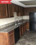 Before: Dated kitchen with dark cabinets, floor tile, and appliances