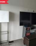 Before: TV on small gray shelf in living room next to off-white leather armchair and brown ottoman