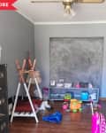 Before: Play room with toys on floor, dusty chalkboard wall, and black filing cabinet