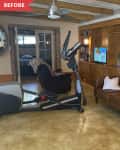 Before: Living room with wood-paneled shelving, exercise bike, and mustard-colored floors