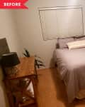 Before: White bedroom with wood floor, featuring only a bed and a table