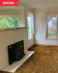 Before: Living room with gold colored shag carpet, white walls, white fireplace, and white curtains