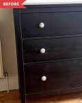 Before: Basic dark wooden IKEA HEMNES with missing drawer pull