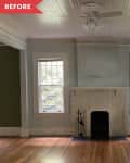 Before: Empty living room with old brick fireplace and dirt and dust-covered walls