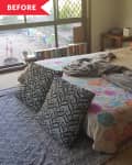 Before: beige bedroom with bed on the floor, featuring beige and floral comforter