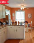 Before: kitchen with white cabinets and muted orange walls