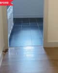 Before: empty mudroom with wood floors and cream-colored walls