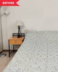 Before: bed against a plain off-white wall, with nightstands on each side
