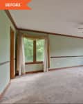 Before: Empty bedroom with beige carpet and light green walls