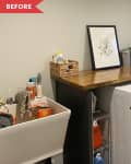 Before: beige laundry room with utility sink and wood counter over the washer and dryer