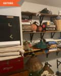 Before: cluttered shelves with games and toys