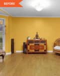 Before: Yellow walls with a dresser and meditation statue on top