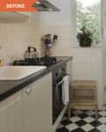 Narrow kitchen with black and white checkered floor, gas stove, and glass door leading to garden patio.