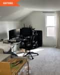 Before: white attic space with a desk and computer