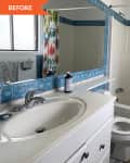 Small bathroom with blue tile accents, owl-patterned shower curtain, white sink, and toilet.