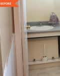 Before: Dated bathroom with clunky vanity and yellowed floor