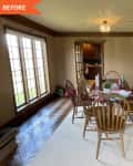 Before: Dining room with brown trim and beige grasscloth wallpaper