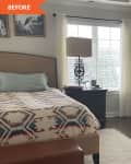 Before: white bedroom with bed and blue couch