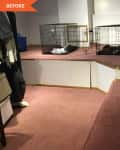 Before: Pink-carpeted basement with platform
