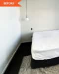 Before: A bedroom with light gray walls, dark gray carpeted floors, and a bed with only a fitted sheet on it