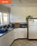 Before: full view of the kitchen with white cabinets and a white refrigerator
